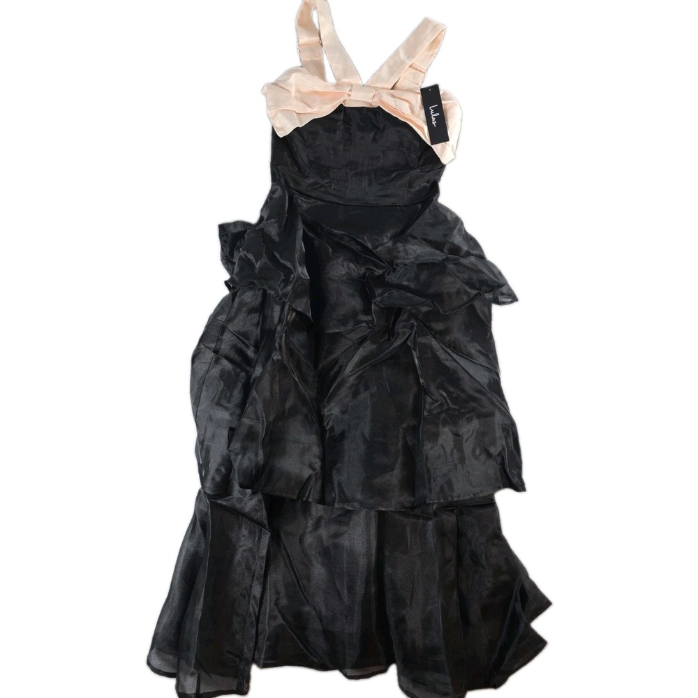 Lulus Women XS Black Champagne‎ Organza Maxi Dress Tiered Bow Accent Formal Gown